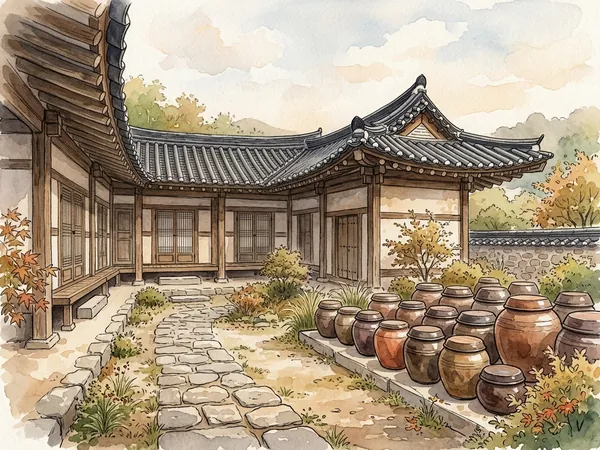 Illustration of a Korean hanok-style senior care courtyard